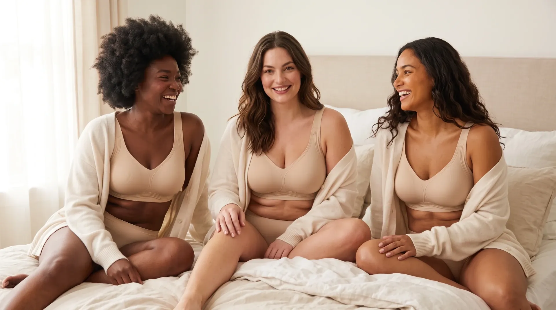 Tre donne in intimo beige e cardigan chiari, sedute insieme sul letto