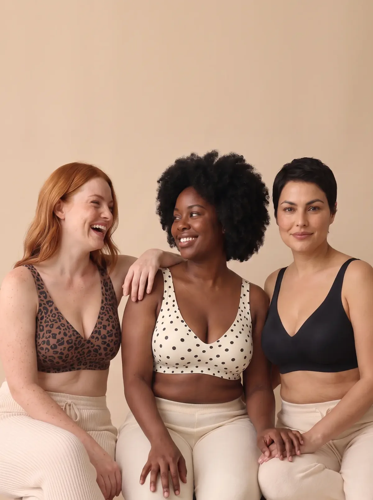 Tre donne con reggiseni leopardato, a pois e nero, su fondo chiaro