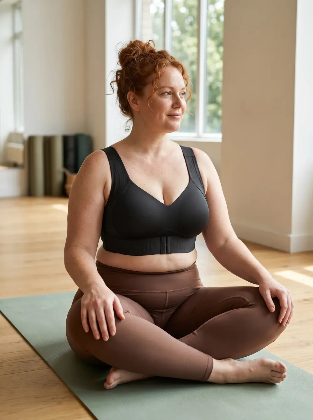 Donna dai capelli rossi in reggiseno nero e leggings, seduta sul tappetino vicino alla finestra